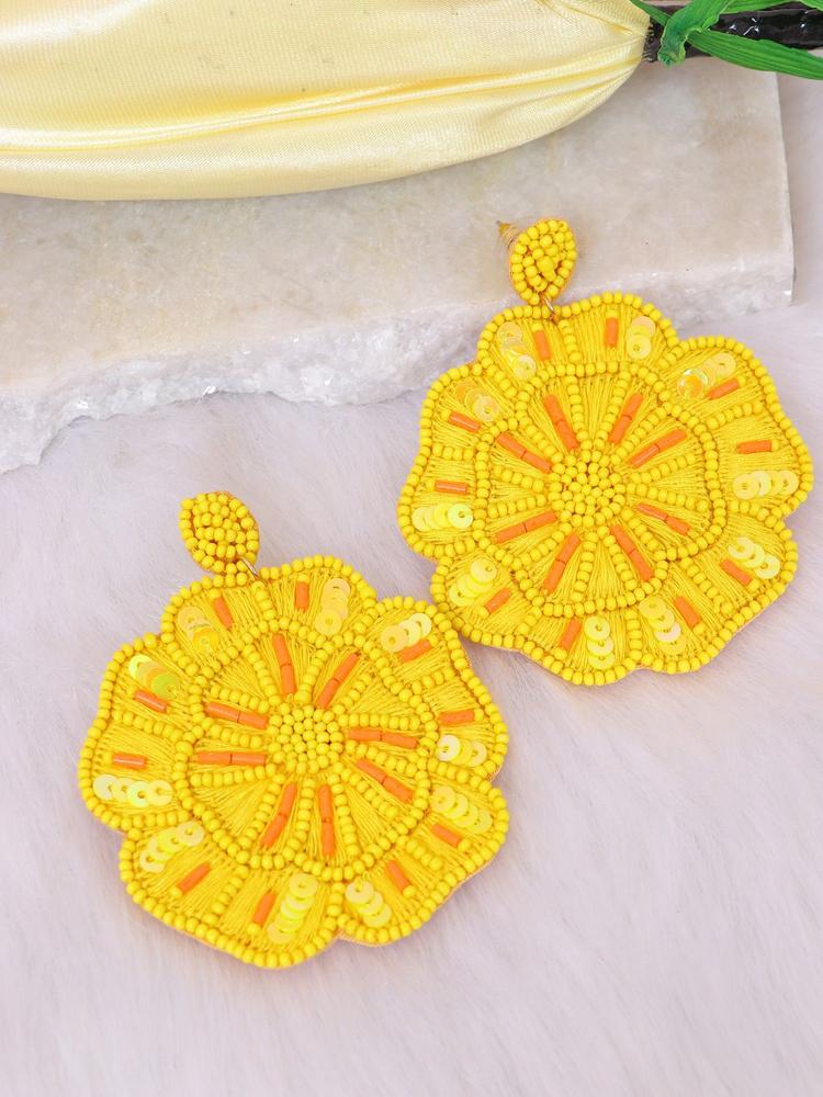Handmade Thread and Yellow Beadwork Flower Drop and Dangler Earrings