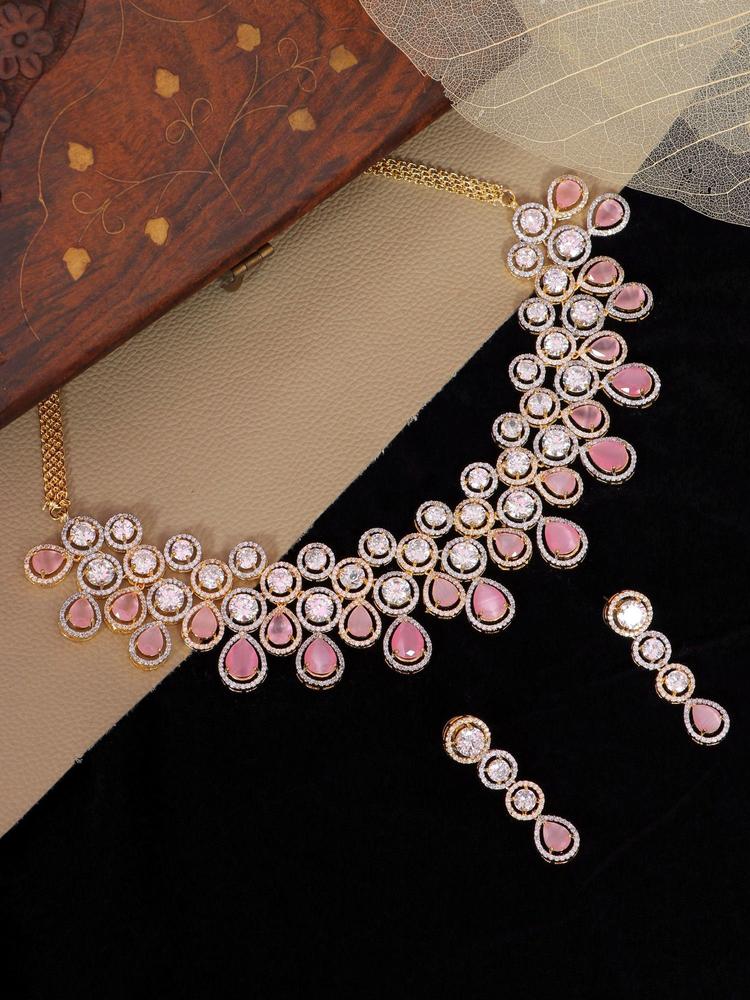 Silver-Plated Pink American Diamond-AD Studded Handcrafted Jewellery Set