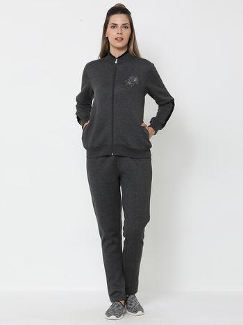 Women Solid Mock Collar Full Sleeve Fleece Winter Tracksuit Charcoal - Grey