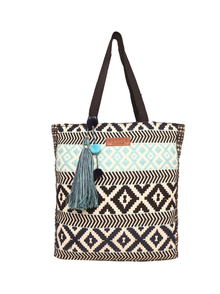 Black and Blue Textured Tote Bag with Tassels