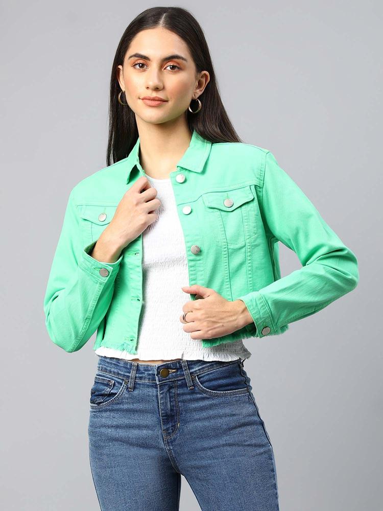 Women Green Crop Denim Jacket