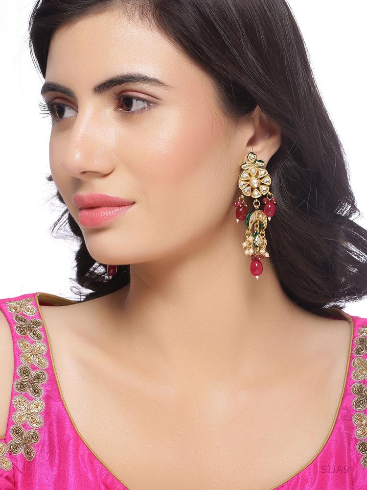 Gold-Plated & Red Geometric Kundan Drop Earrings