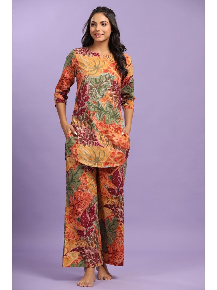 Womens Autumn Leaves On Multicoloured Cotton Loungewear Set