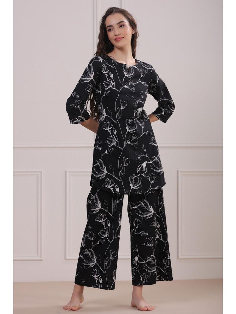 Women Black Printed Pure Organic Cotton Palazzo Pyjama Top Night Suit (Set of 2)