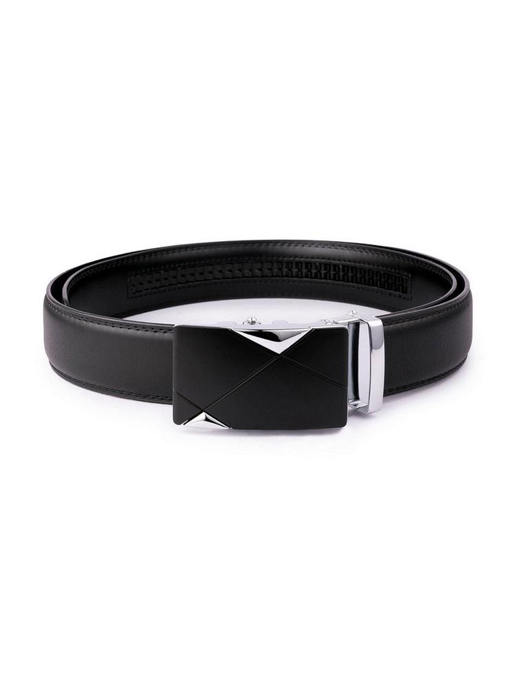Black Genuine Leather Belt With Geometric Buckle For Men