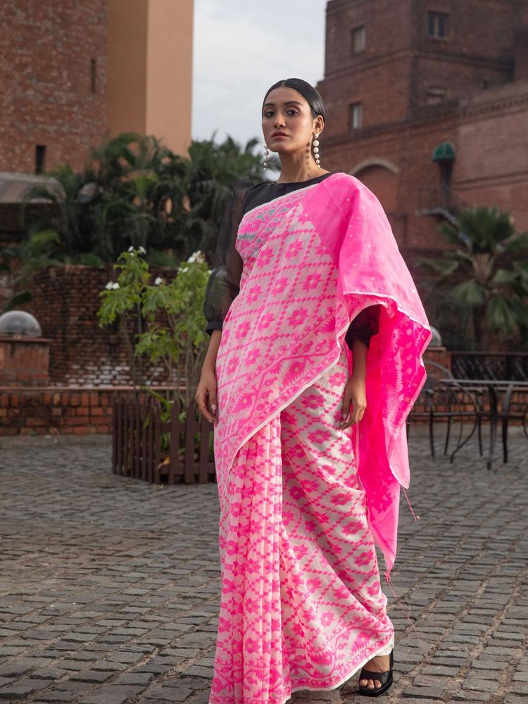 Pink Cotton Silk Jacquard Jamdani Saree Without Blouse