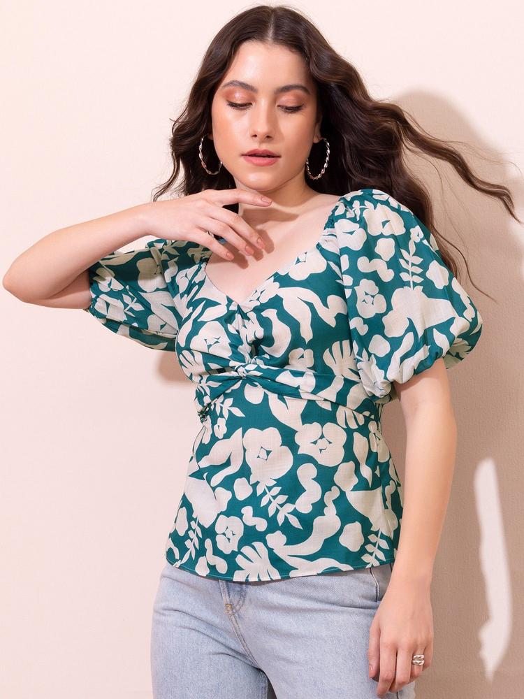 Green Floral Print Puff Sleeve Top