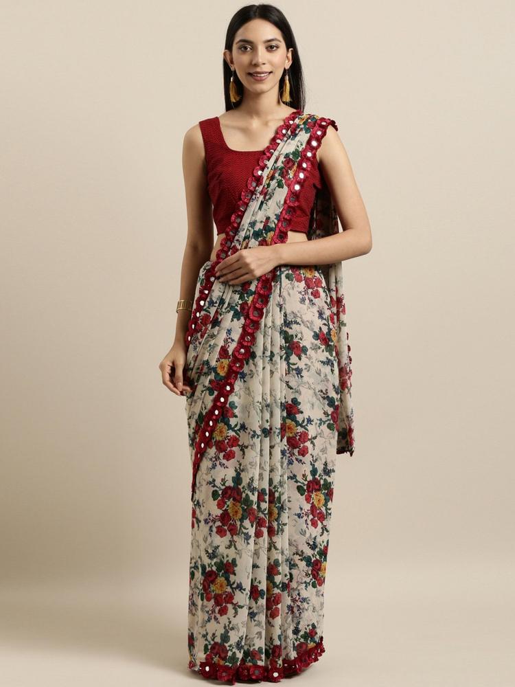 Off White & Red Floral Crepe Print Saree with Unstitched Blouse