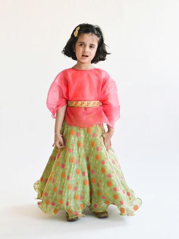 Green Georgette Lehenga with Organza Cape Pink Top (Set of 2)