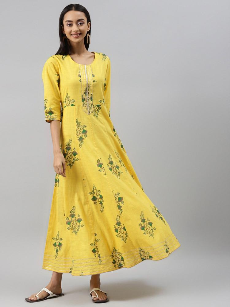 Yellow & Green Floral Gotta Patti A-line Maxi Dress