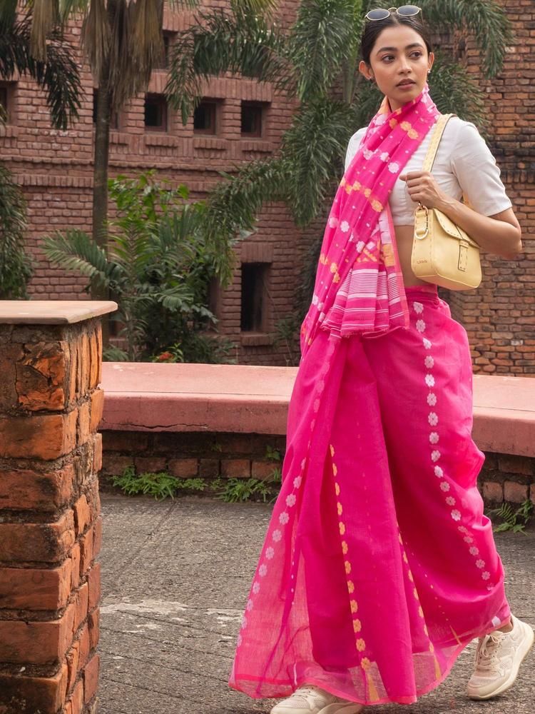 Pink Shade Cotton Silk Jacquard Jamdani Saree Without Blouse