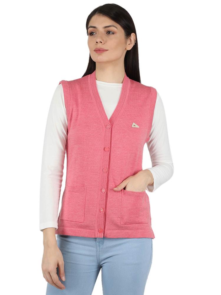 Womens Pure Wool Pink Solid V Neck Cardigan