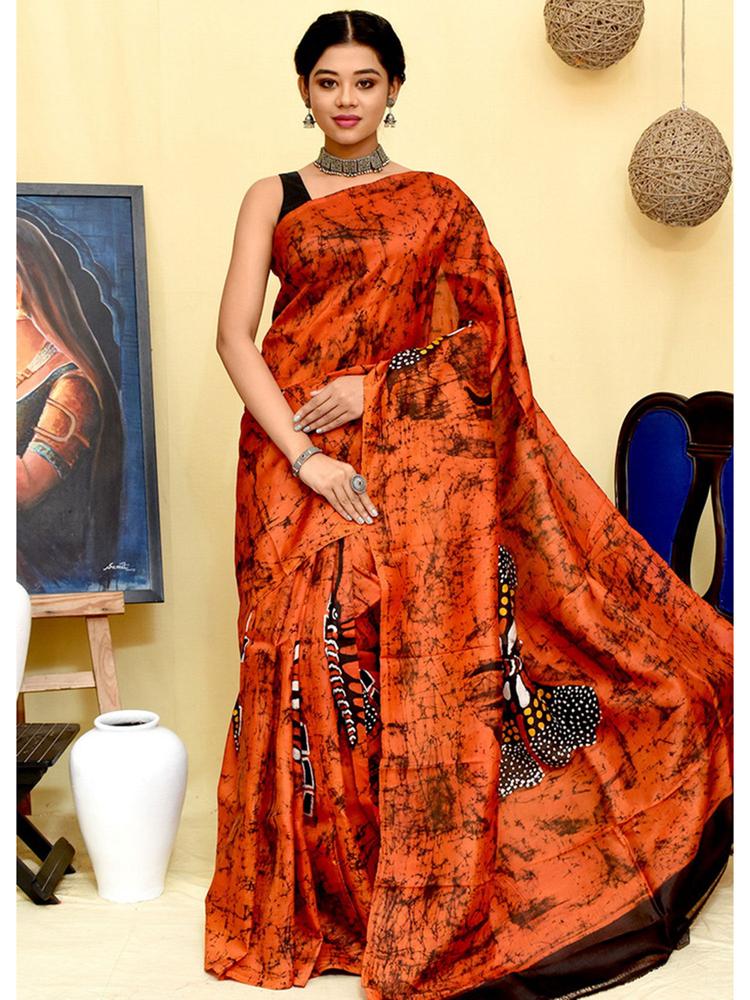 Rust Printed Pure Silk Saree with Unstitched Blouse