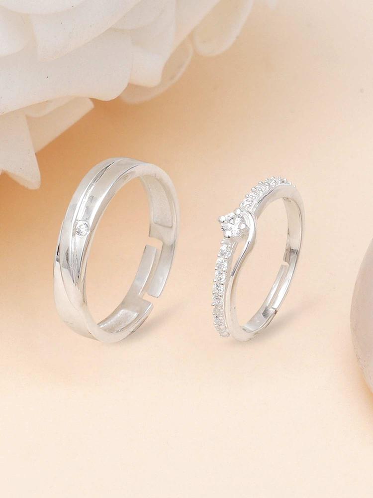 KUNUZ by AAA Cubic Zirconia Studded 925 Sterling Silver Adjustable Couple Rings (Set of 2)
