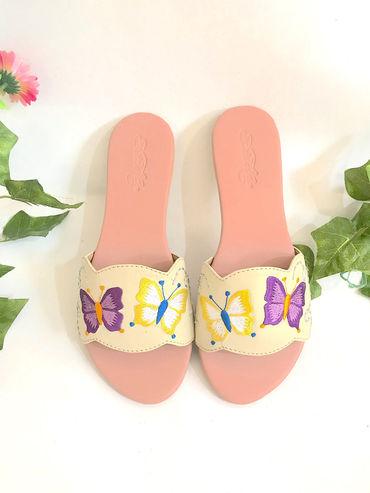 Cream Buttery Fly Kiss Embroidered Slider Flats