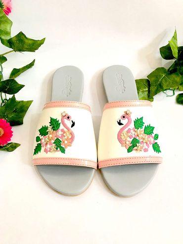 Cream Flamingo Embroidered Slider Flats