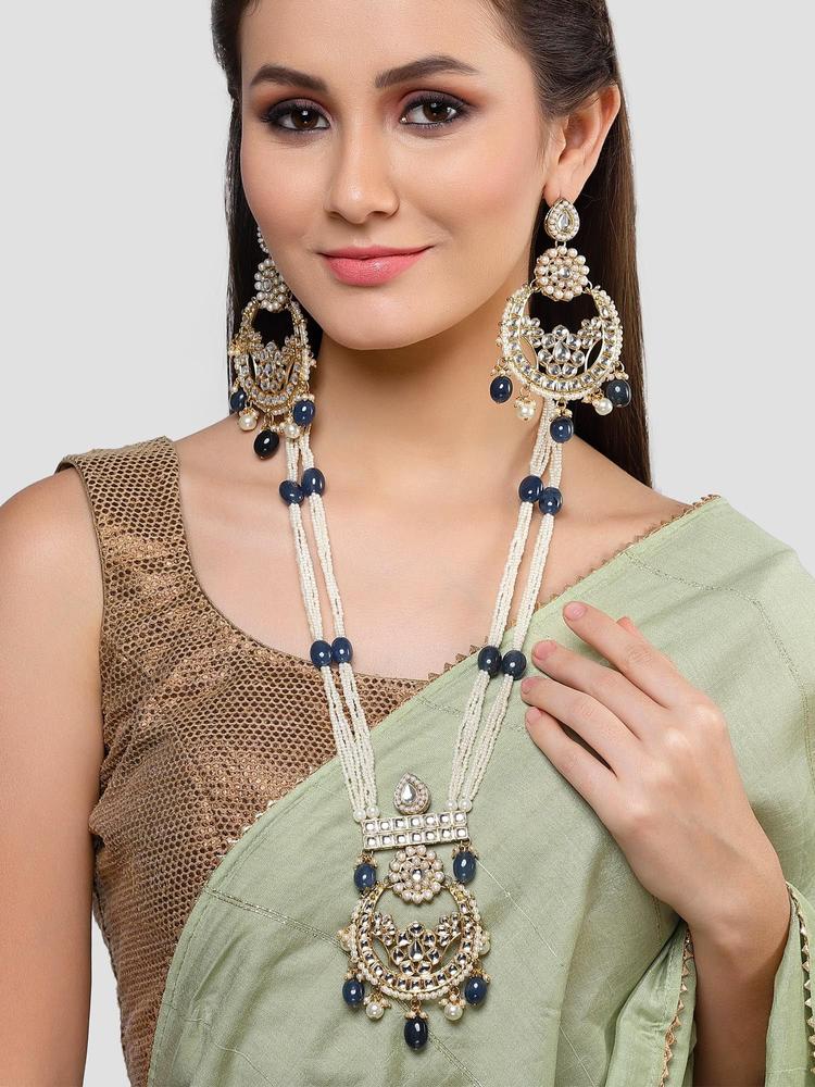 Gold Plated Blue Tumble and Pearl Kundan Rani Haar Necklace Set for Women