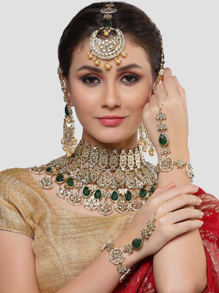 Gold Plated Green Carved Stone Kundan Bridal Choker Necklace Set for Women