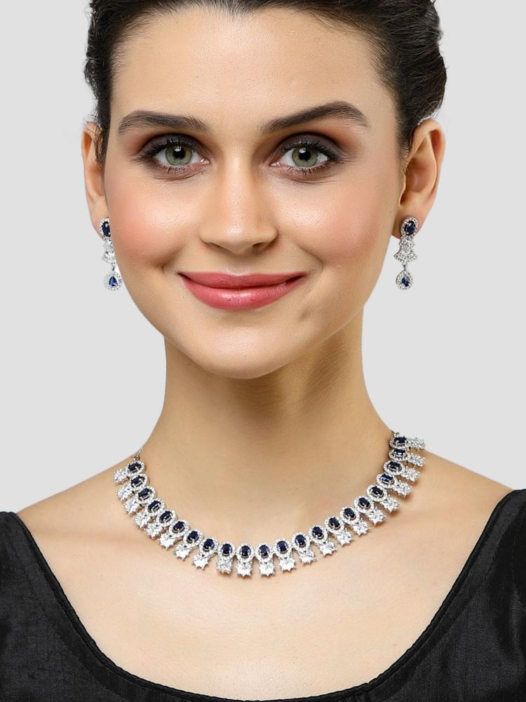 Silver Plated Blue Cubic Zirconia Studded Necklace Set