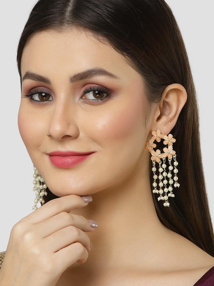 Gold Plated Floral Design Peach Kundan Pearl Tassel Earrings for Women