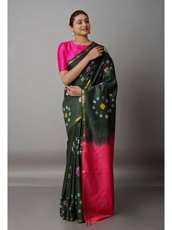 Olive Green Pink Shibori Sico Saree with Unstitched Blouse
