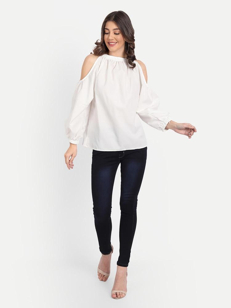 White Cold Shoulder Balloon Sleeve Top