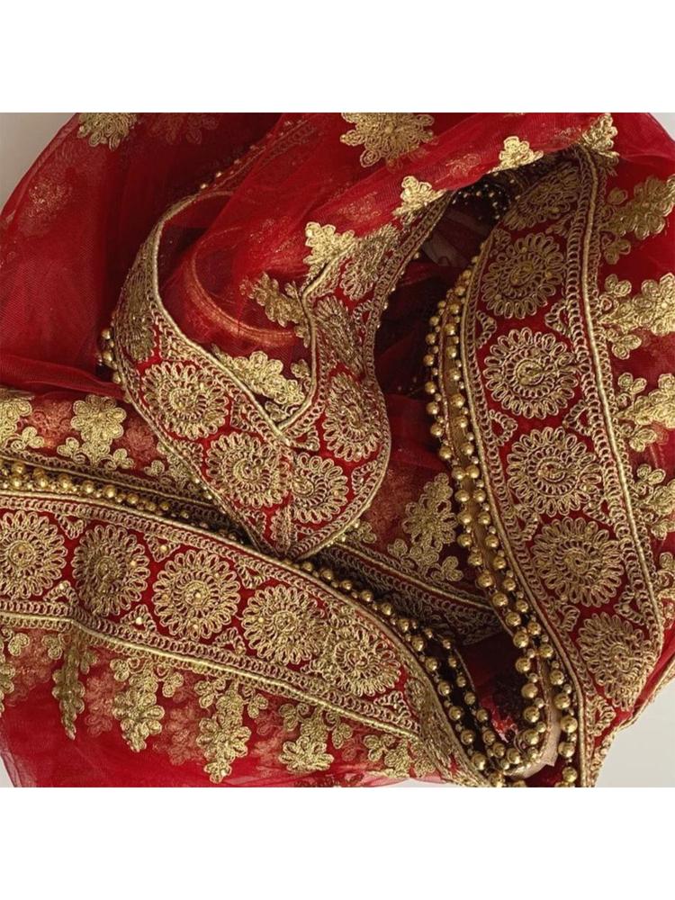 Bridal Red Zari Velvet Embroidered Net Dupatta