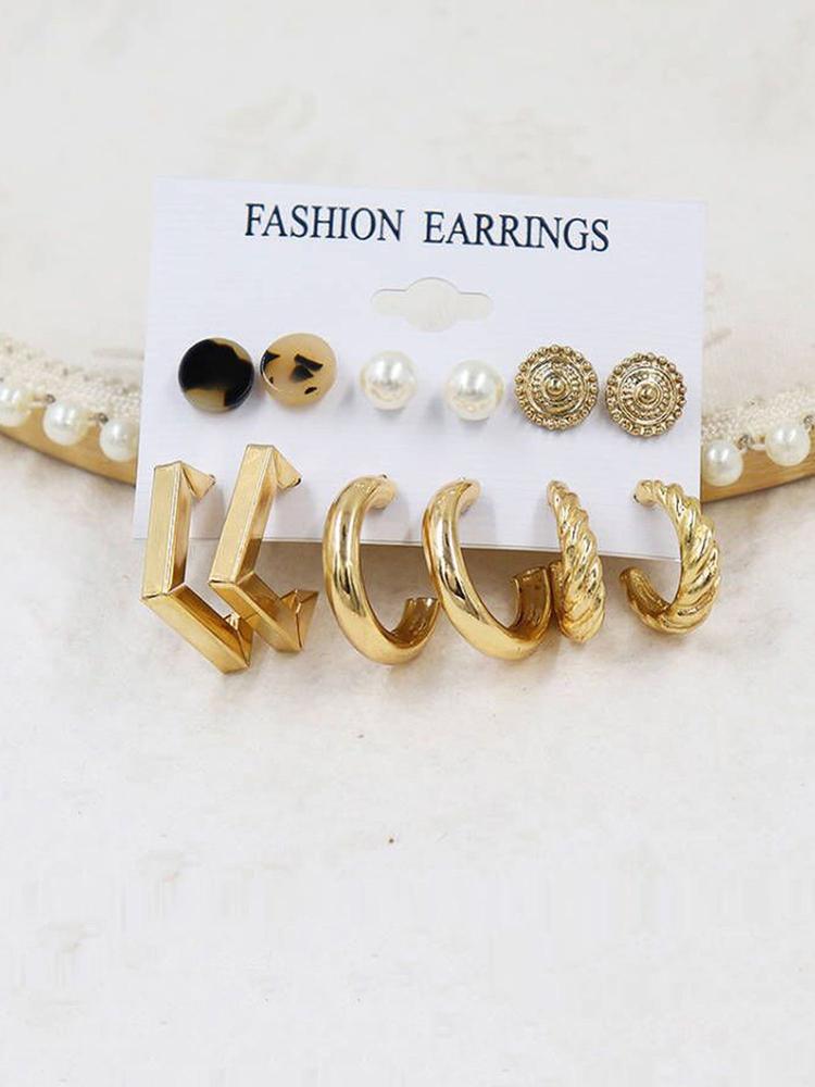 Gold Plated Multi Contemporary Studs and Hoop Earrings Set of 9