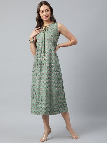 Green A-line Floral Dress