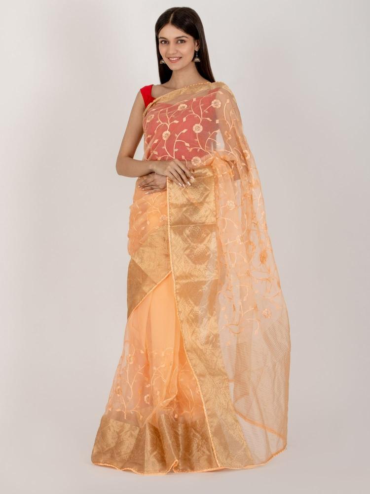 Peach Floweret Organza Saree with Unstitched Blouse