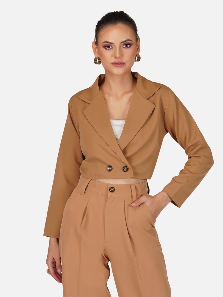 Brown Full Sleeve Crop Blazer for Women