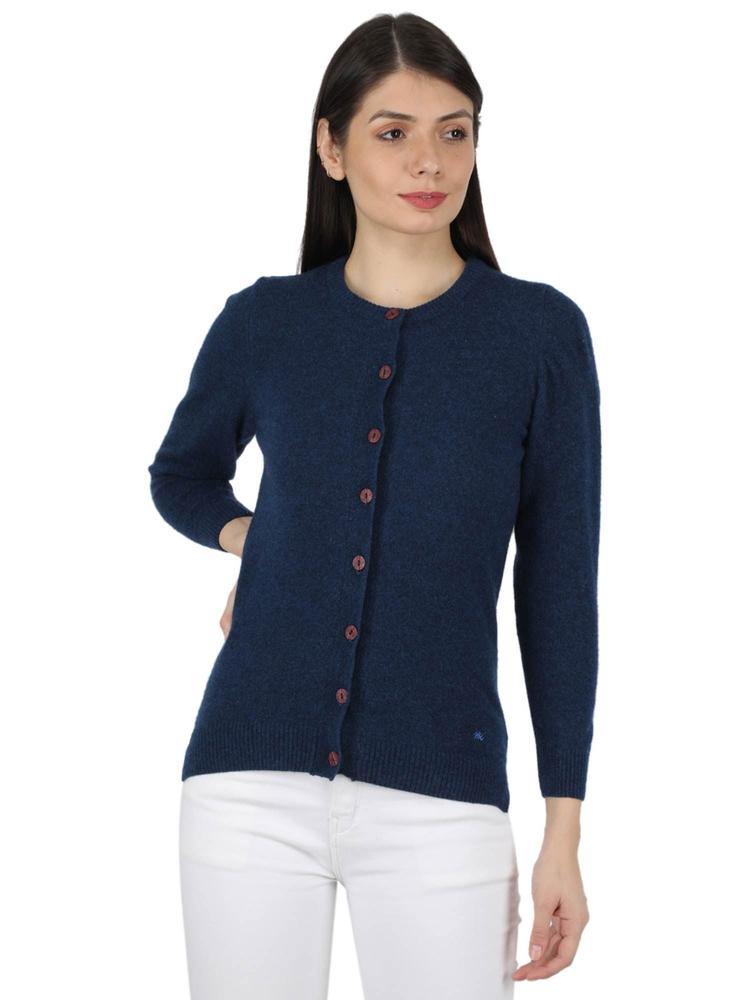 Womens Lambs Wool Blue Solid Round Neck Cardigan