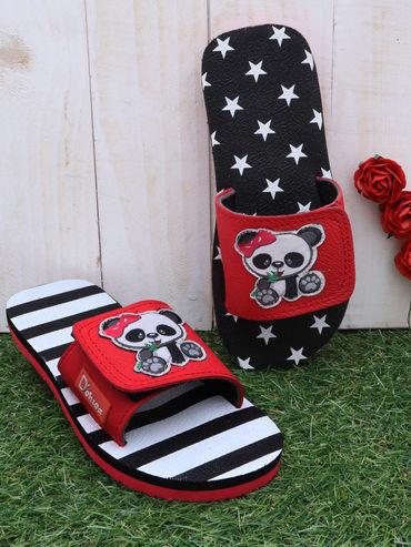 Panda Applique Slippers for Girls Mismatch Print Red & Black