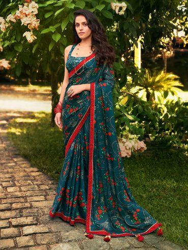 Women Chiffon Teal Blue Embellished Celebrity Saree with Blouse Piece