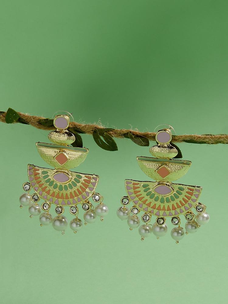 Ethnic Traditiona Gold Plated Pink & Green Enameled Bold Chandbali Drop Earrings For Women