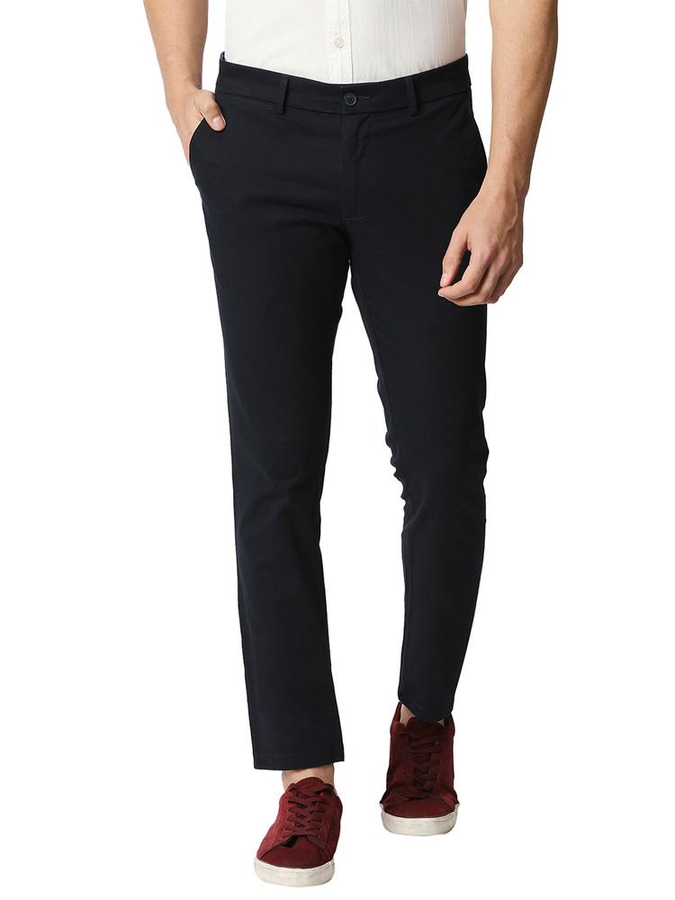 Casual Self Navy Blue Cotton Stretch Tapered Trouser