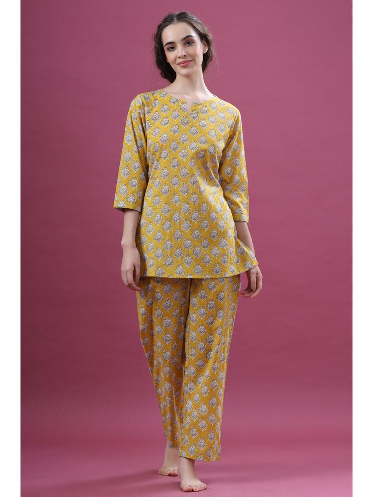 Women Mustard Printed Pure Cotton Pyjama Top Night Suit (Set of 2)