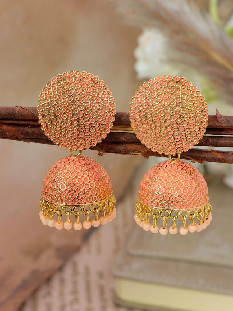 Gold-Plated Punjabi Dropping Peach Beads Jhumki Earring