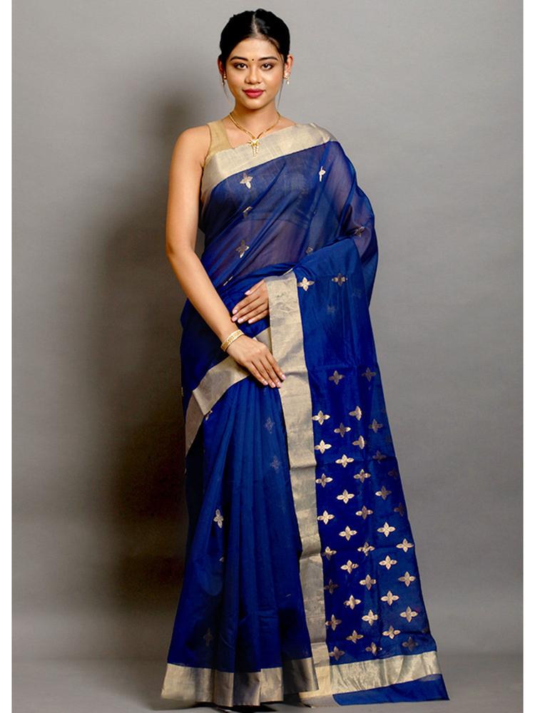 Blue Chanderi Silk Saree with Unstitched Blouse