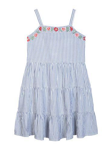 Girls Blue Striped Embroidered A-Line Dress