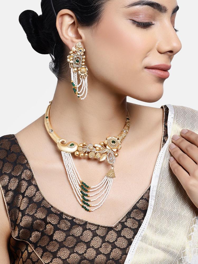 Wonderful Gold-Plated Necklace Set with Green Stone for Women
