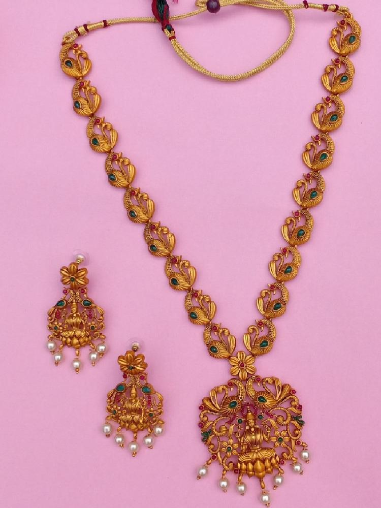 Gold Plated Spiritual Lakshmi Ji Nakshi Temple Set with Colored Stones & Pearls
