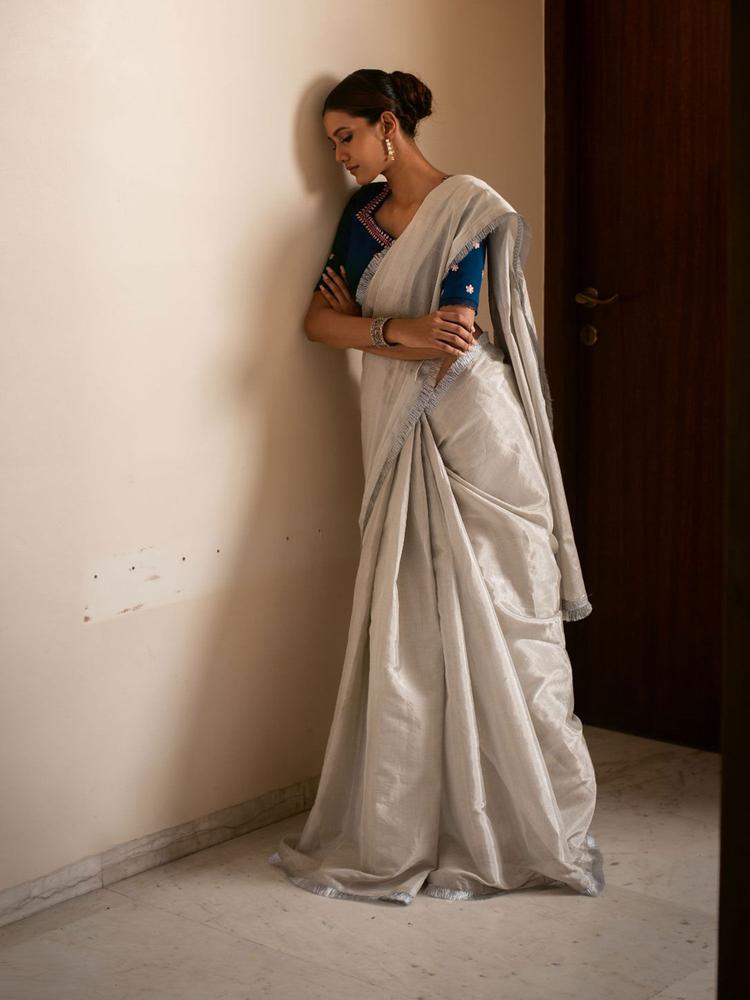 Alisha Silver Silk Tissue Chanderi Saree with Unstitched Blouse