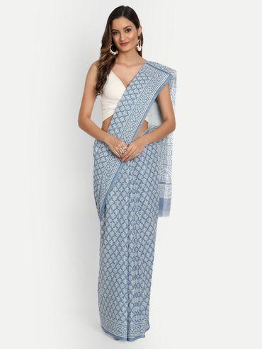 Cotton Block Print Saree with Unstitched Blouse - Blue