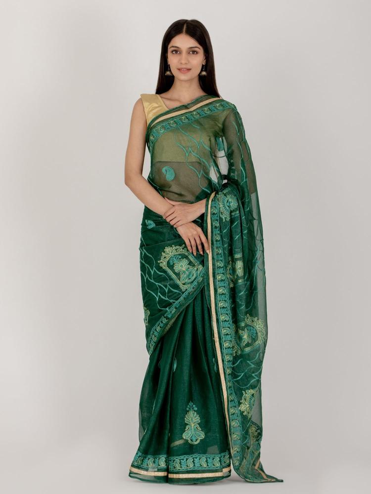 Green Traditional Motif Saree with Unstitched Blouse
