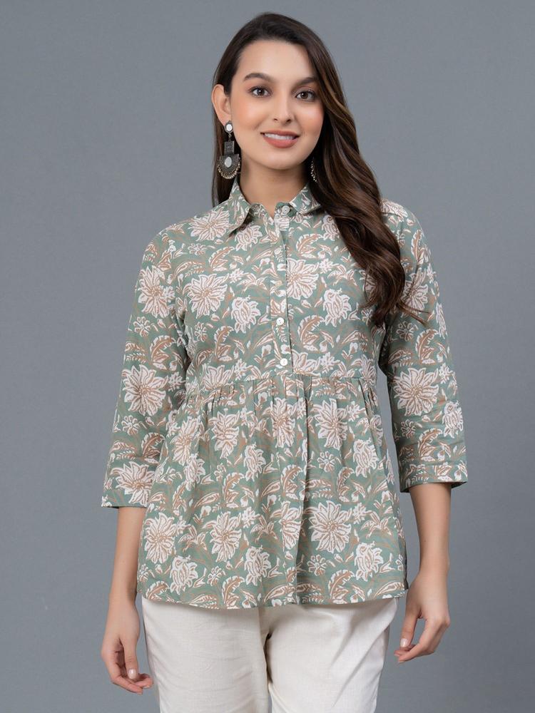 Pastel Green Floral Print Pure Cotton Womens Blouse And Top
