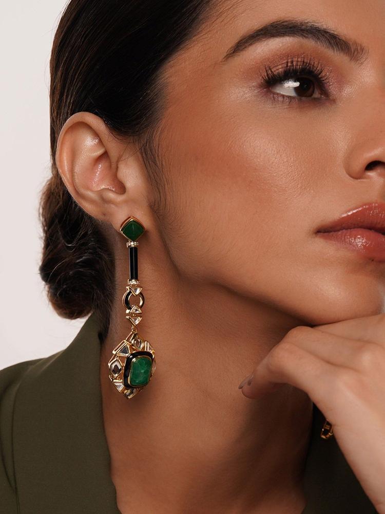 Begum Haute Evergreen Drop Earrings In 18Kt Gold Plated