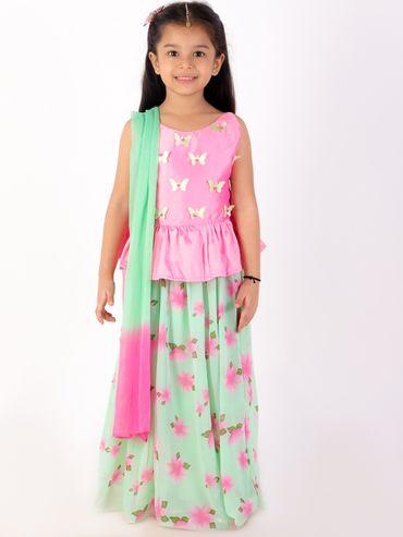 Butterfly Peplum Top With Floral Lehenga-pink/green (Set of 3)