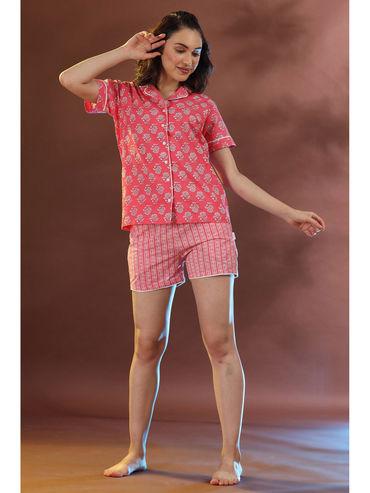 Women Cotton Pink Printed Shirt and Shorts Night Suit (Set of 2)
