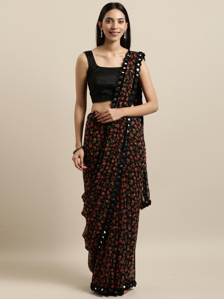 Black & Red Floral Crepe Print Saree with Unstitched Blouse